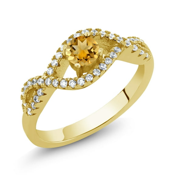 Gem Stone King 0.86 Ct Round Yellow Citrine 18K Yellow Gold Plated Silver Infinity Ring (Size 9)