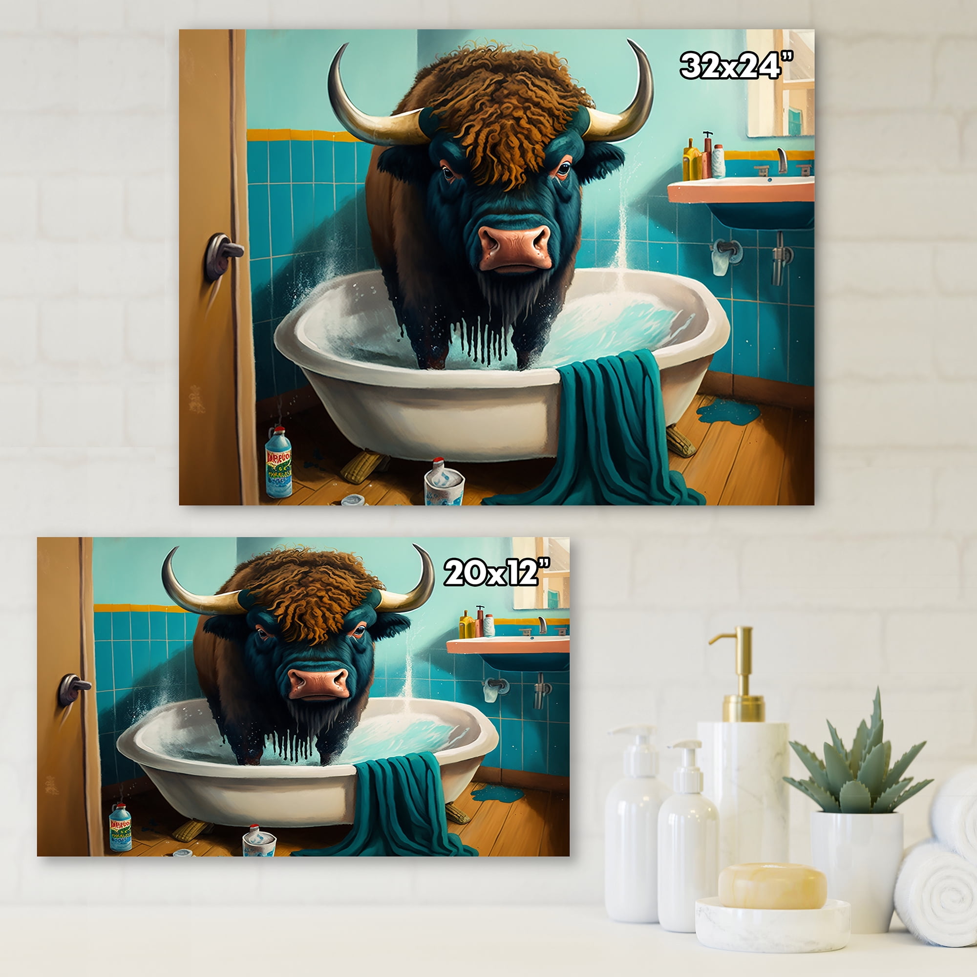 Designart Bison Cartoon Making A Mess In The Tub Canvas Wall Art