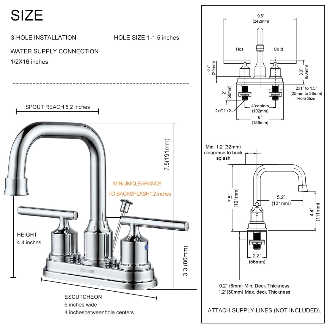 WOWOW Bathroom Faucet Chrome 4 inch Bathroom Sink Faucet Centerset Lift Rod Drain