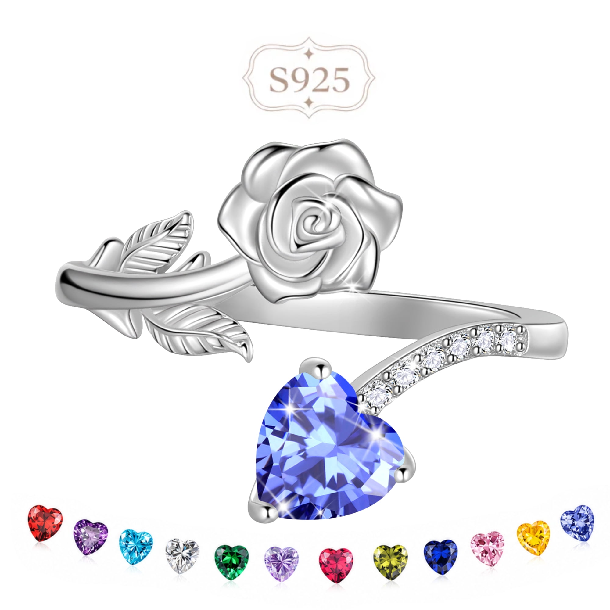 Beautlace Rose Heart Birthstone Ring,925 Sterling Silver Adjustable Open Heart Rings Jewelry Gifts for Women Mom -December