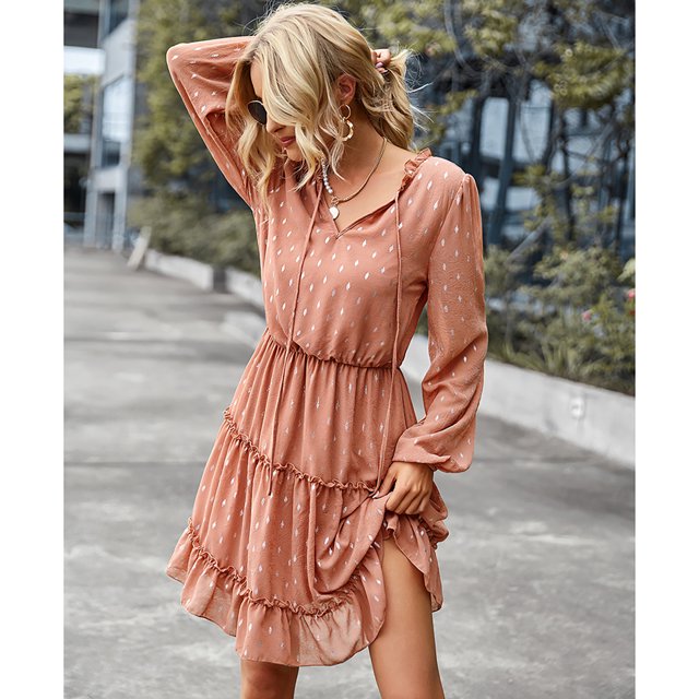 Ropa de mujer,Vestido de mujer Cuello en V Mujer Falda acampanada Mujer Vestido de manga larga Artesanía superior