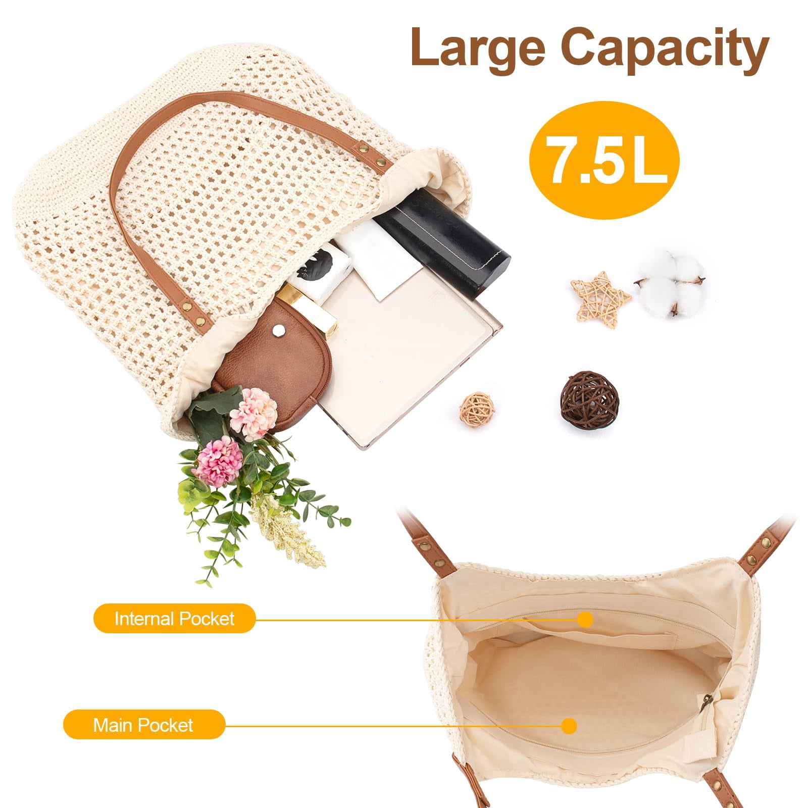 ANNECOSK Crochet Beach Bag Purse – Boho Woven Tote with Leak-Proof Lining, Casual Shoulder Bag for Summer Vacation Travel, Soft & Stylish