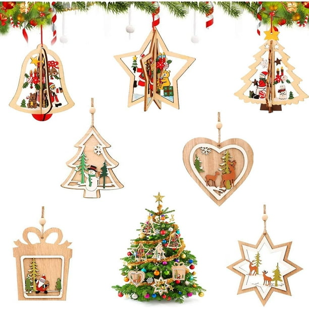 Colgantes de árbol de Navidad, 7 piezas de adornos navideños de madera, adornos de árbol de Navidad de madera 3D, adornos colgantes de madera de bricolaje, decoración de árbol de Navidad