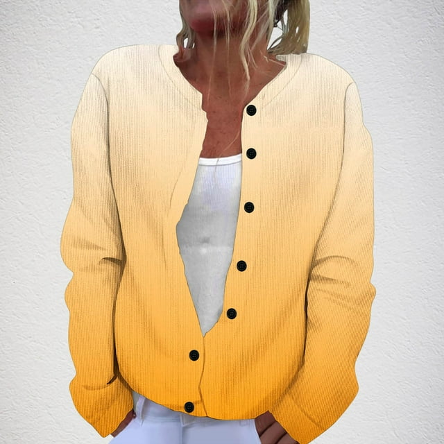 WRKEKC Cardigan Ombré pour Femmes Manches Longues Boutonné Ouvert Veste en Molleton Français Décontractée Style Automne Hiver pour Femmes Jaune m