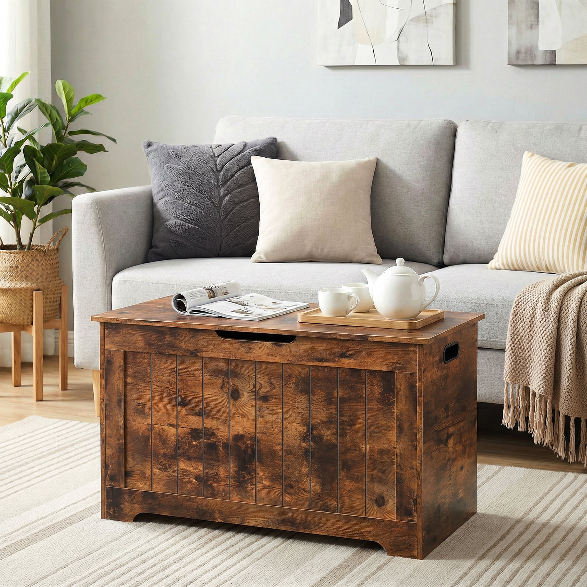 SuperDeal 30-Inch Lift Top Storage Chest Wooden Home Organizer Bench with Safety Hinged Lid Large MDF Toy Box Entryway Bedroom Living Room, Rustic Brown