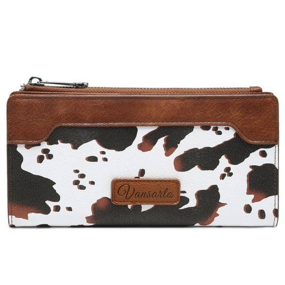 VANSARTO Cow Print Wallets for Women Slim Bifold Credit Card Holder - Card Cases Wallet with Smooth Zipper, Coin Pocket & ID Window - Money Organizer Cash Wallet, Signature Brown