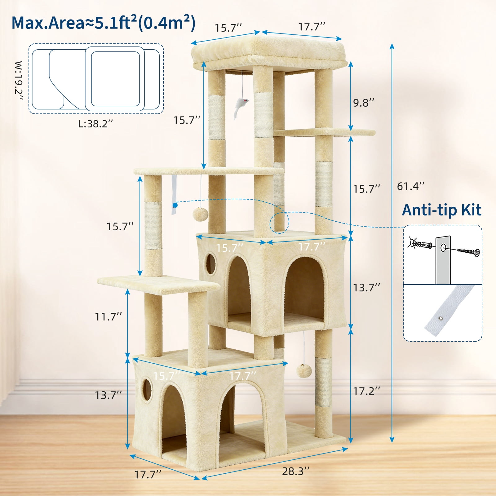 Babevy 61" Maine Coon Cat Tree, Heavy-Duty Tower with Extra-Large Perch, 2 Condos & 7 Sisal Scratching Posts for Large Indoor Cats