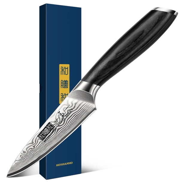 Cuchillo Pelador HOSHANHO 3.75 Pulgadas, Cuchillo de Cocina Pequeño Forjado en Acero en Polvo de Alto Carbono, Cuchillo Japonés Afilado para Frutas con Mango Ergonómico de Madera Pakkawood