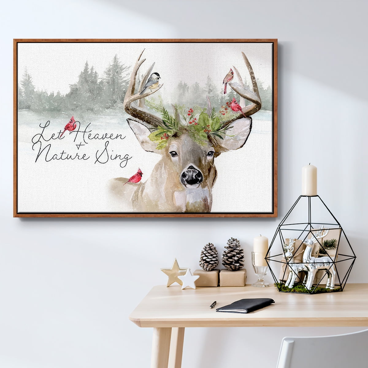 Holiday Deer Collection A - Framed Gallery Wrapped Holiday Canvas - 17 x 25 - Rosewood Frame