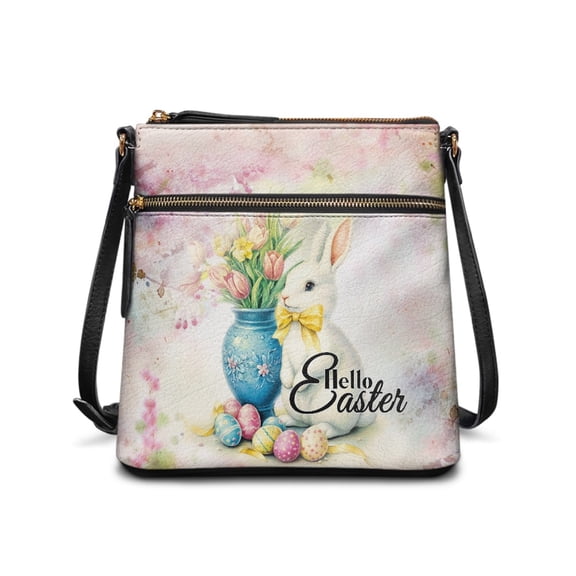 HELLHERO Multiple Zipper Pockets Shoulder Bag for Travel Daily, PU Leather Durable Women's Shoulder Crossbody Purse, Easter Bunny Egg Print