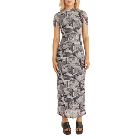 

Huakaishijie Short Sleeve Newspaper Dresses for Women Lips Portraits One-pieces