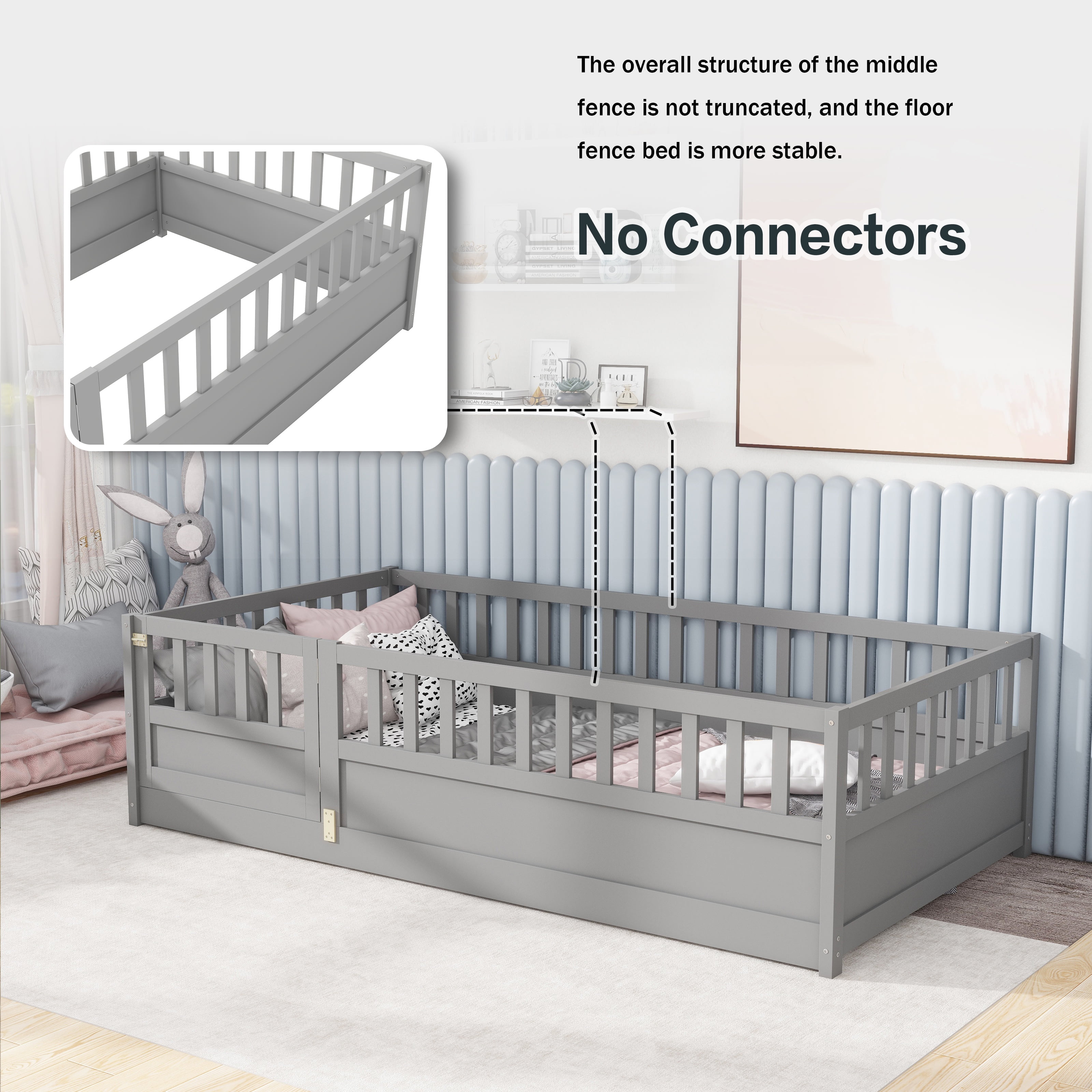 Bellemave Twin Size Floor Bed with Door and High Fence Guardrails Floor Bed without Bed Slats Wooden Floor Bed Montessori Bed Frame(Twin, Gray, Without Slats)