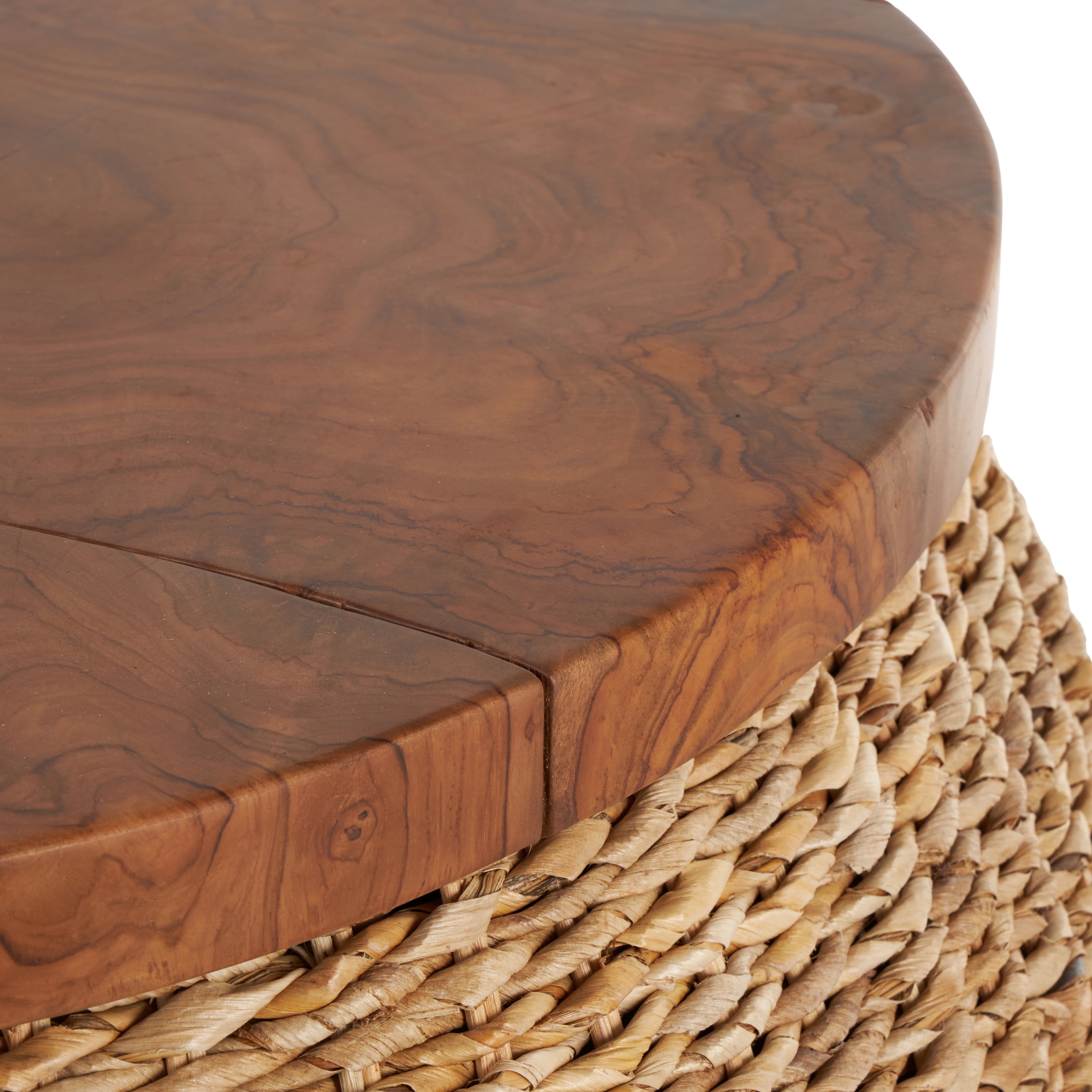 DecMode 35" x 15" Brown Rattan Wrapped Coffee Table with Teak Tabletop, 1-Piece