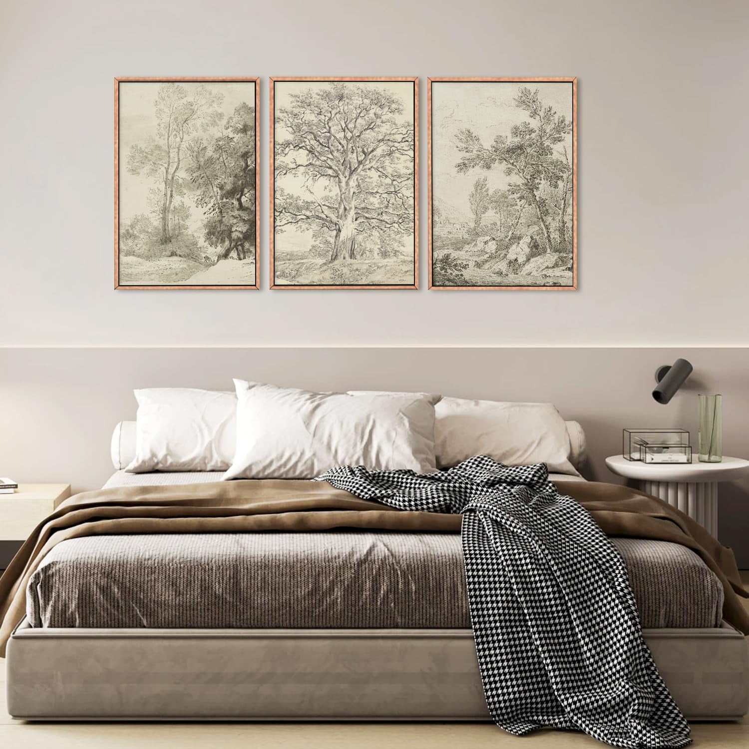 Vintage Sketchbook Forest Framed Canvas Wall Art Set, Neutral Minimalist Tree Wall Decor, Wilderness Illustration Wall Painting, Retro Botanical Art Print Living Room, Office 16"x24"x3