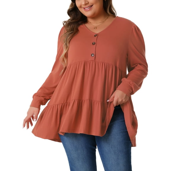 DARING DIVA Women's Plus V Neck Long Sleeve Peplum Babydoll Top 1X Brick Red