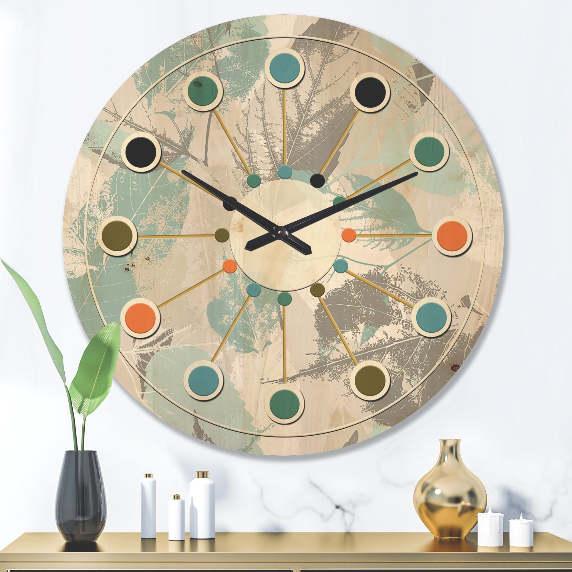 Designart 'Foliage Retro Design I' Mid-Century Modern Wood Wall Clock