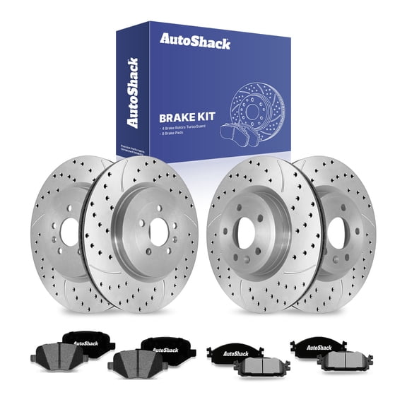 AutoShack Front Vented & Rear Vented Drilled & Slotted Coated Brake Rotors Silver Matte Finish   Ceramic Pads 12-PC Brake Kit Replacement for 2015-2019 Ford Explorer 2015 Lincoln MKT TurboGuard