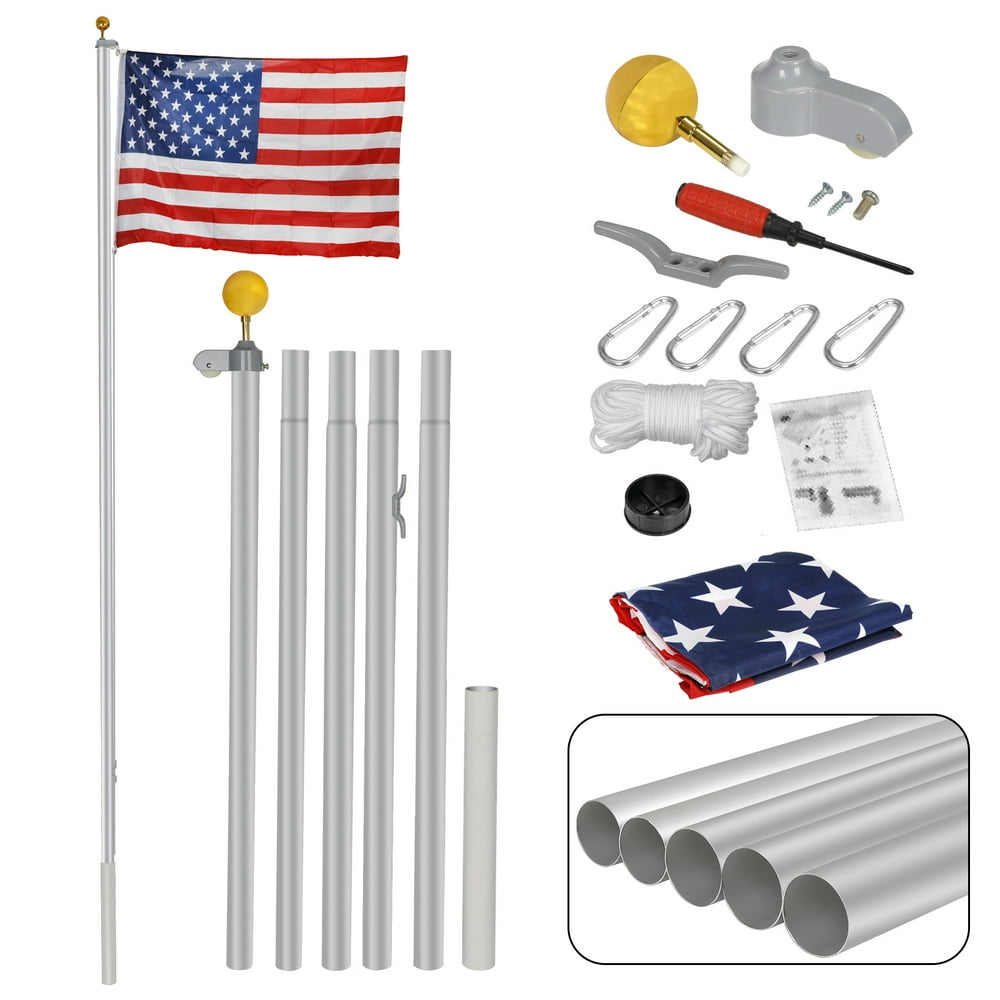 Zeny 16FT Sectional Flagpole Kit Outdoor Halyard Pole W/1 US American 3