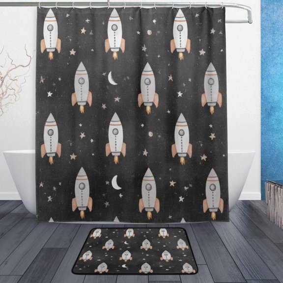 TTYFWHD 60" x 72" Shower Curtain and Bath Mat Set Black Space Rocket Pattern Waterproof Bathroom Curtain with 12 Hooks, Bathroom Decor Set