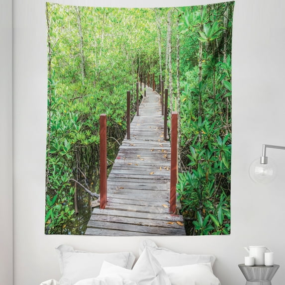 Beach Pathway Tapestry, Long Wood Bridge in Mangrove Forest Thailand Exploration Journey, Fabric Wall Hanging Decor for Bedroom Living Room Dorm, 5 Sizes, Green Brown and Redwood, by Ambesonne
