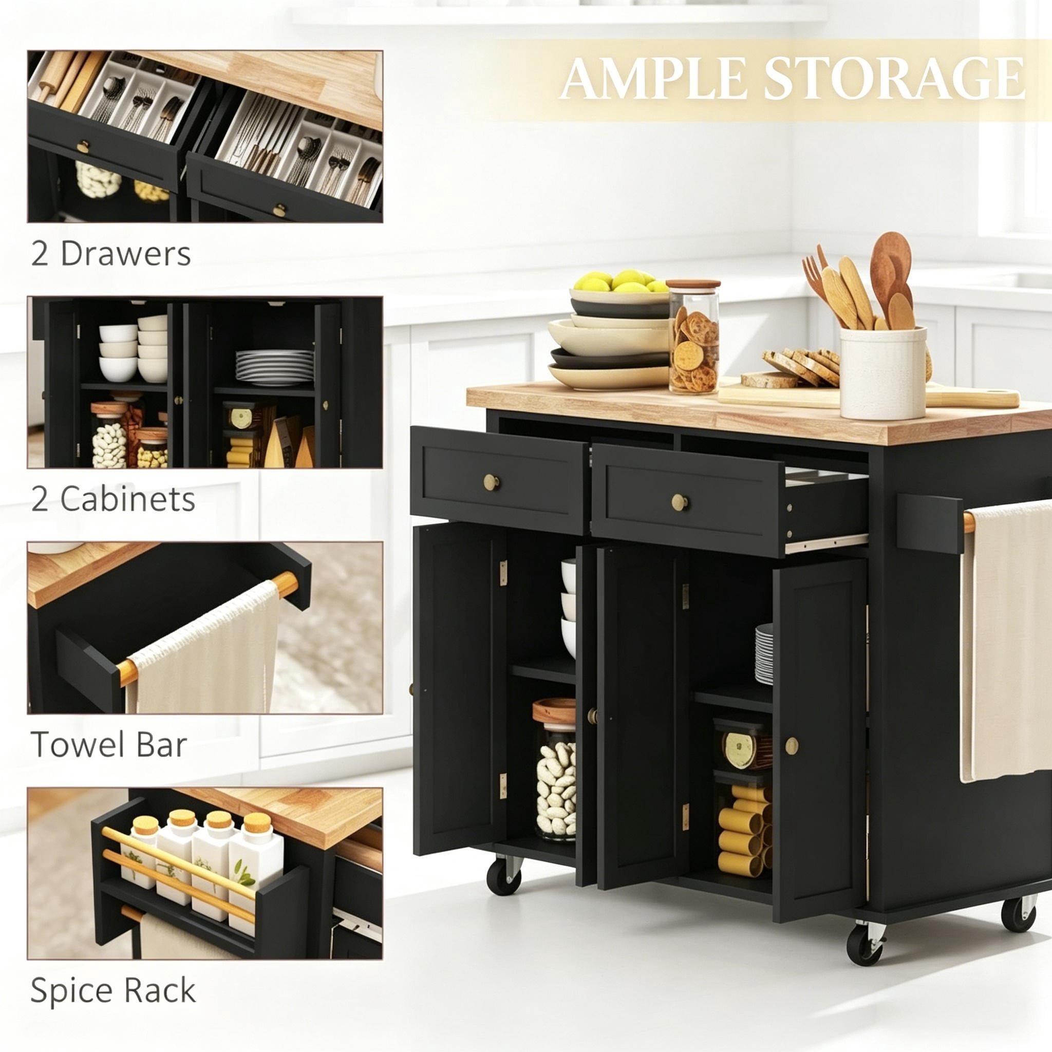 Kitchen Island Cart, 43.75" W Rolling Kitchen Storage Cabinet with 2 Drawers, Adjustable Shelf Cabinets, Towel Bar & Spice Rack, Rubberwood Tabletop, Mobile Casters