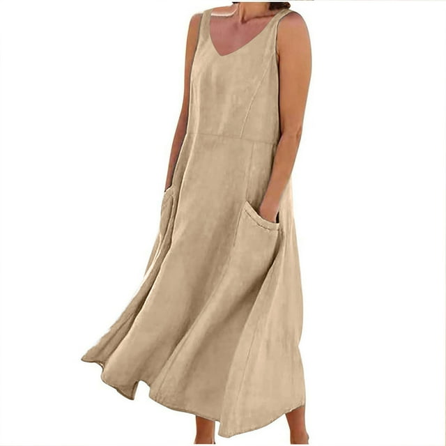 Admvng Robes Grande Taille pour Femmes Robe en Coton et Lin Sans Manches Robe Unie avec Poche P-2TG