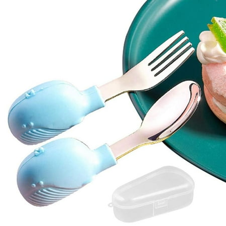 

2Pcs Silicone Baby Spoon Fork Set Cartoon Animal Baby Feeding Tableware for Kids Learn To Eat Training Spoon Forks with Storage Box