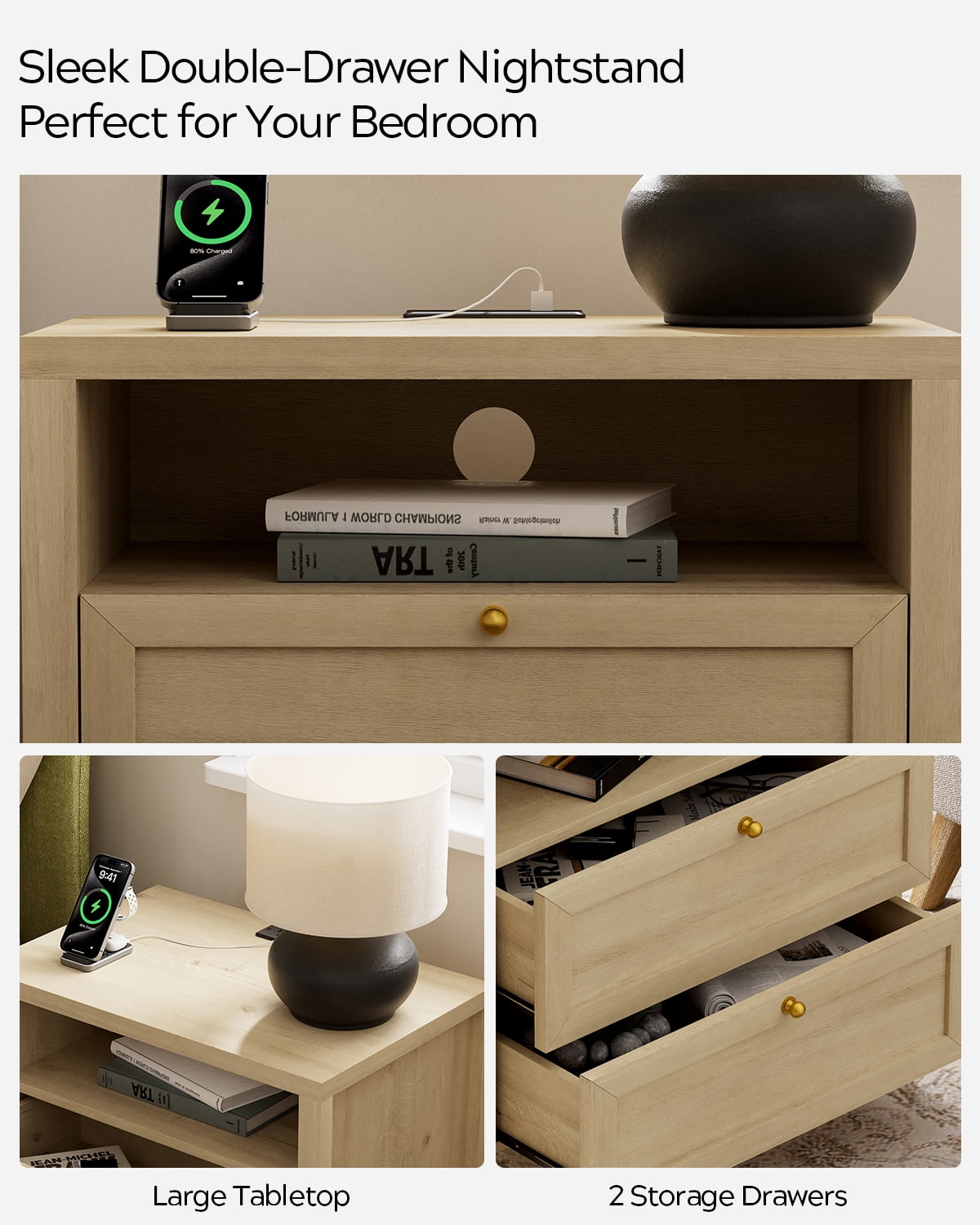 EYYTHUNG Modern Nightstand with Drawers Wooden End Table with Charging Station Farmhouse Night Stand Bedside Side Table with Storage, Light Oak