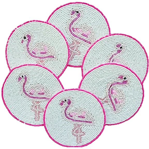 Handcrafted Flamingo Coaster Set of 6 by Tugana Craft, White Beaded Drink Coasters for Dining & Gifting