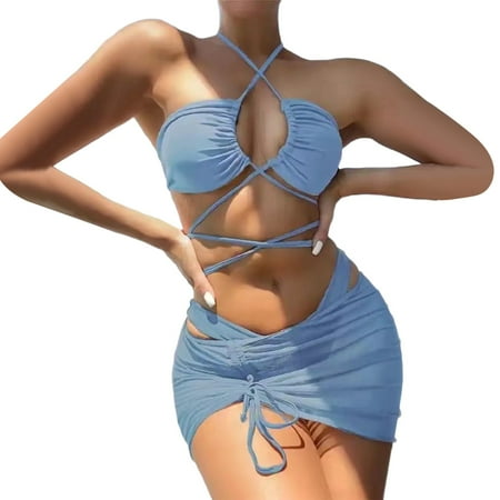 JIANJIA Swim Suits for Women Summer Solid Color Lace Up Halter Hollow Sexy Brassiere With Thongs Mesh Cover Up Swimming Skirt Casual Three Piece Bikinis Swimwears Activewear Blue S
