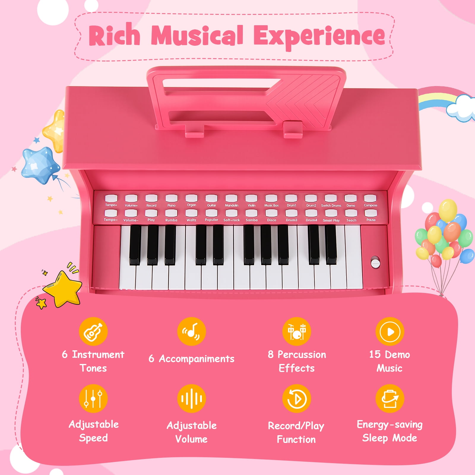 Patiojoy 25 Lighted Keys Kids Piano Keyboard with Stool Mini Digital Piano Wooden Toy Pink
