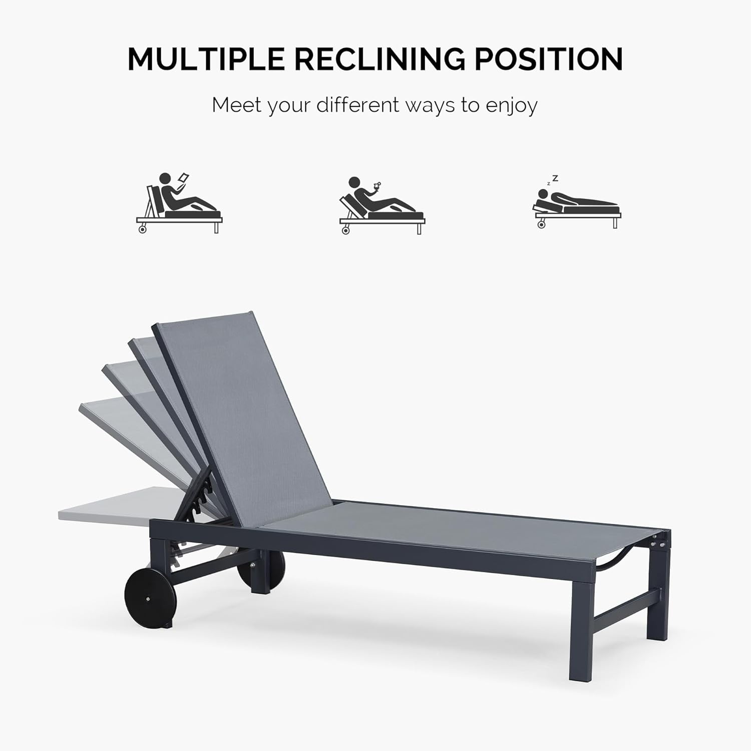 PURPLE LEAF Outdoor Chaise Lounge with Wheels for Outside 2 Pieces Aluminum Patio Lounge Chair with 5 Adjustable Position for Outdoor, Beach, Yard, Pool, Side Table Included, Grey