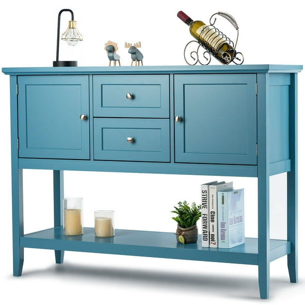 Costway Sideboard Buffet Table Wooden, Blue Console Table With Shelves