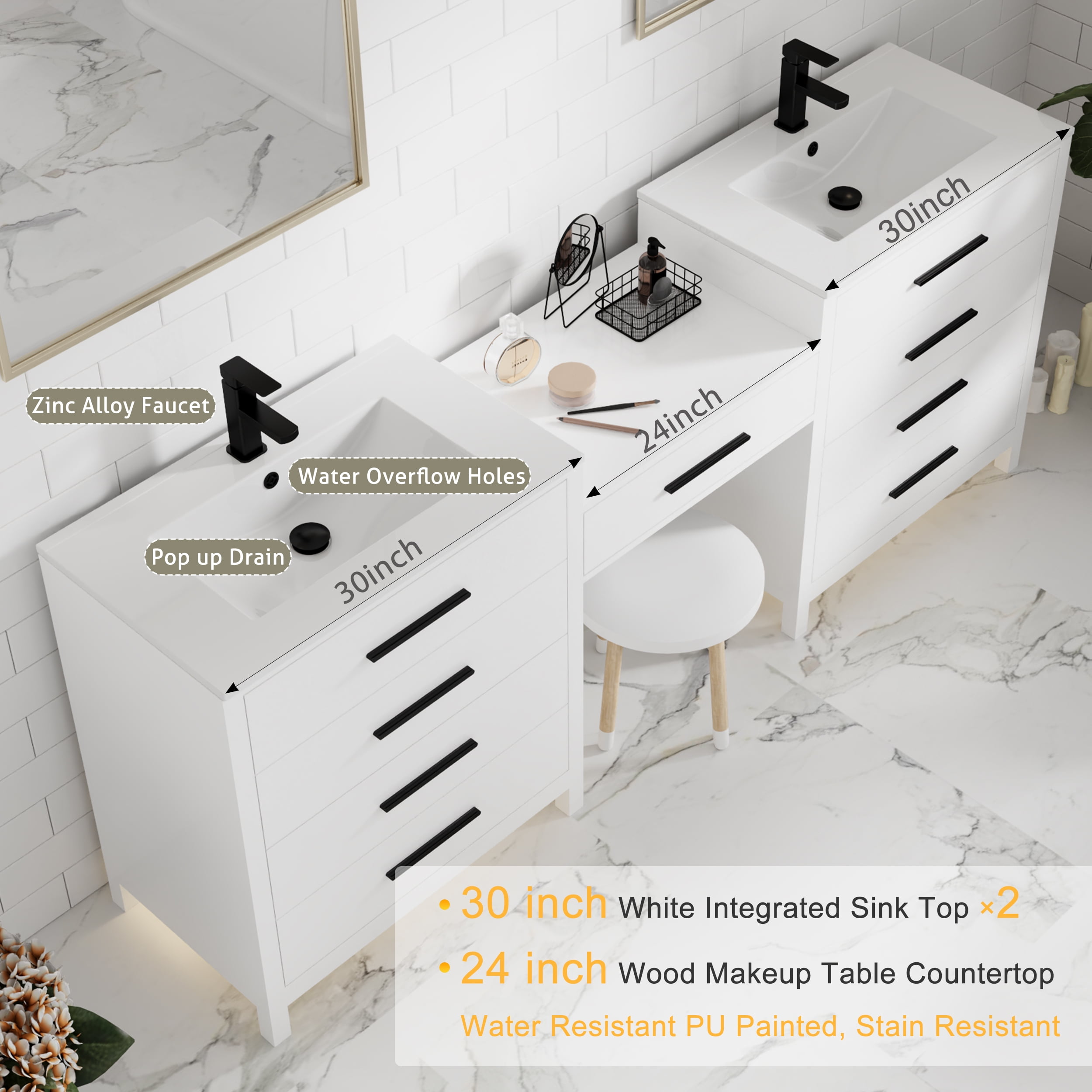 Eclife 84-Inch White Double Sink Bathroom Vanity with Makeup Countertop