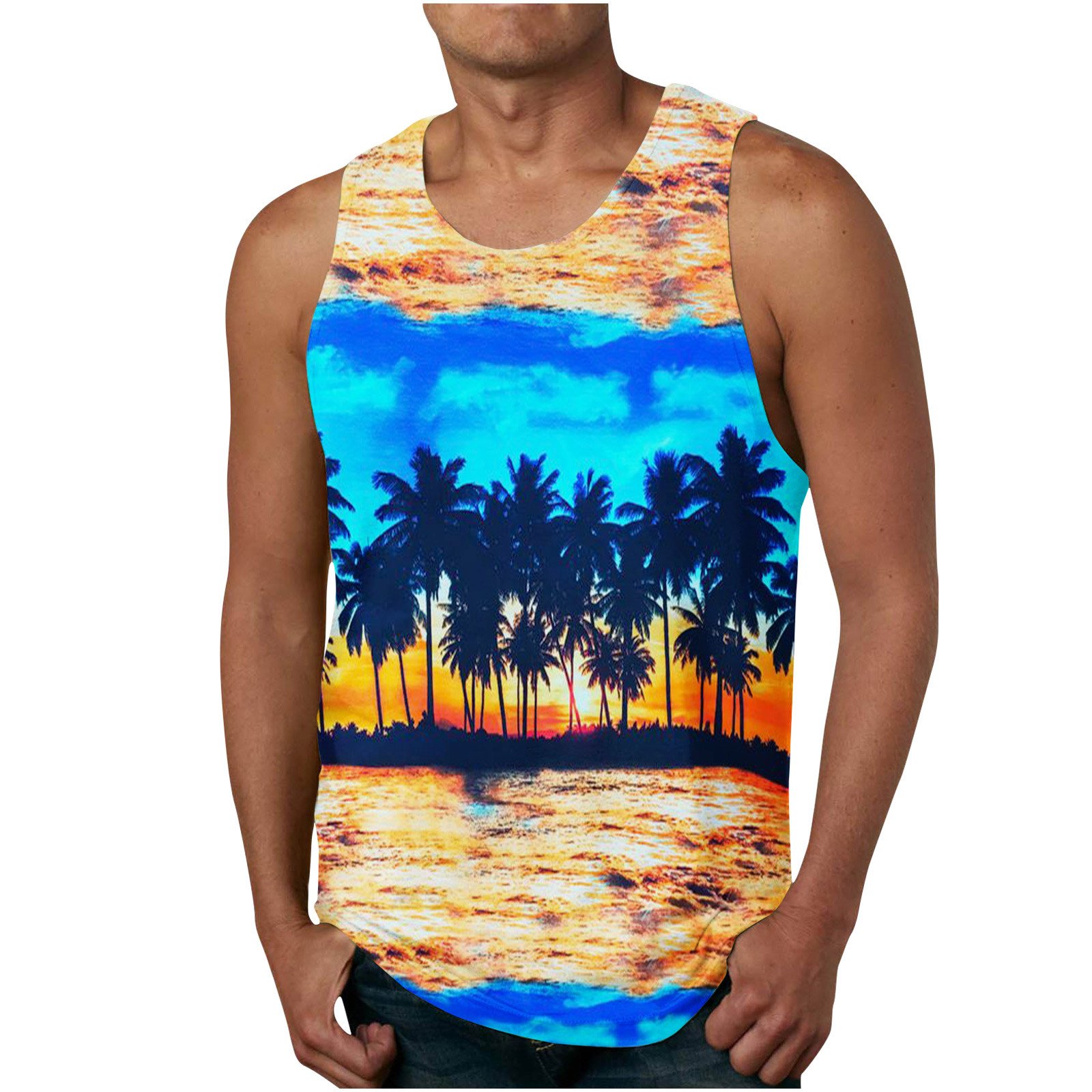Débardeur Homme Imprimé Hawaïen - Sans Manches, Col Rond, Tissu Respirant, Taille XXXL, Style Plage été