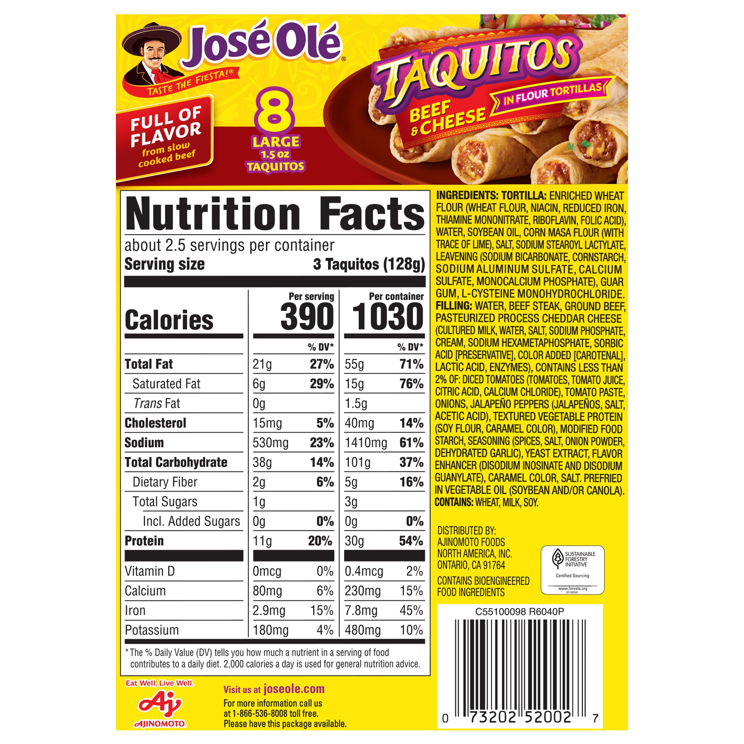 Jose Ole Beef & Cheese Flour Taquitos, Frozen Mexican Food, 12 oz, 8 Count