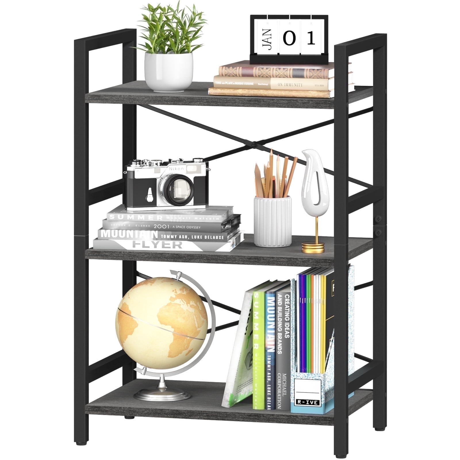 3 Tier Bookcase, Small Bookshelf Storage for Bedroom, Living Room, Office Home, Grey