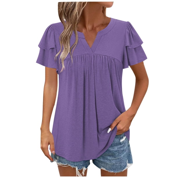 Camisetas Casuales de Manga Corta de las Mujeres con Cuello en V, Cuello Redondo, Color Sólido Blusa Ligera de Poliéster