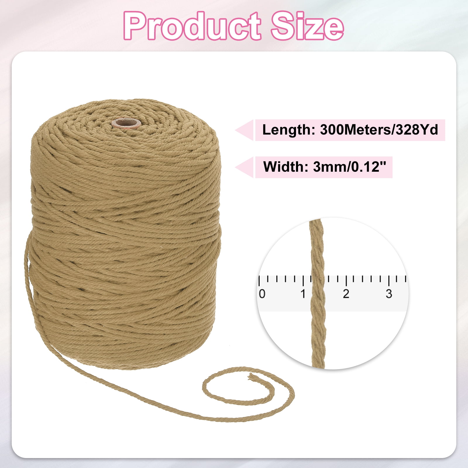 Uxcell Natural Macrame Cord 3mm x 328 Yards 4 Strand Twisted Cotton Macrame Rope for DIY Knitting Plant Wall Hanger Dreamcatcher, Light Brown