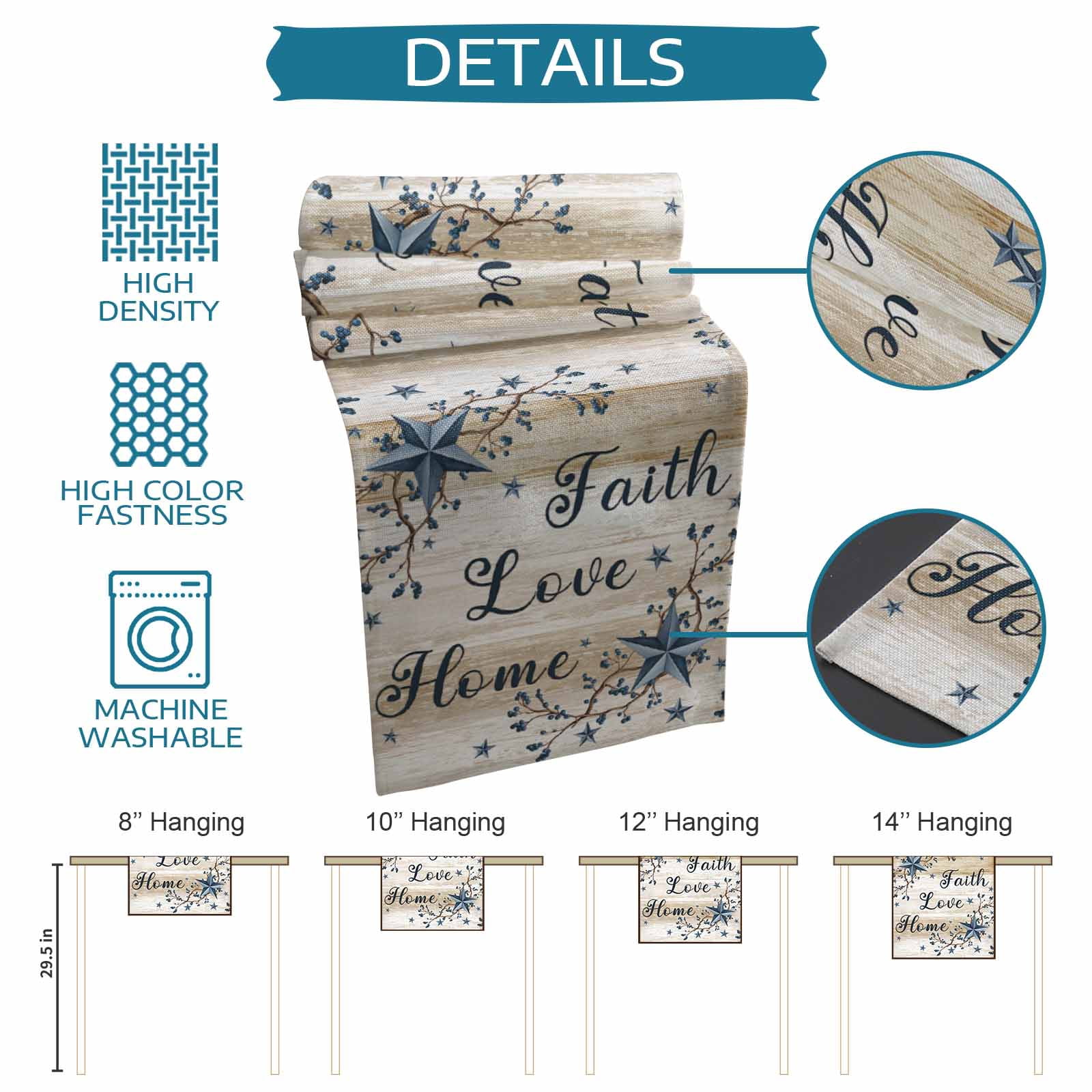 Vintage Country Cotton Linen Table Runner for Dining Kitchen, Blue Rustic Texas Star Vines Wooden Grain Wedding Outdoor Party Tablerunners, Dresser Scarf Coffee Tablecloth Runners 13x60 Inches