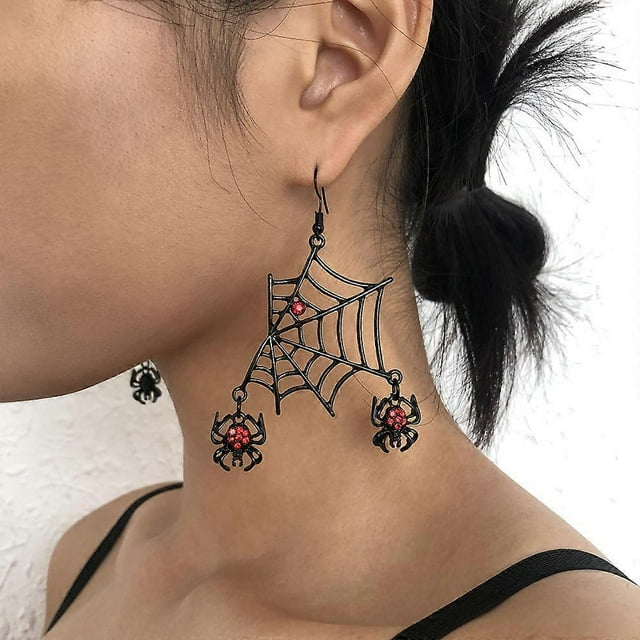 Pendientes colgantes de telaraña de Halloween para mujer, pendientes de araña negros con cristal rojo.