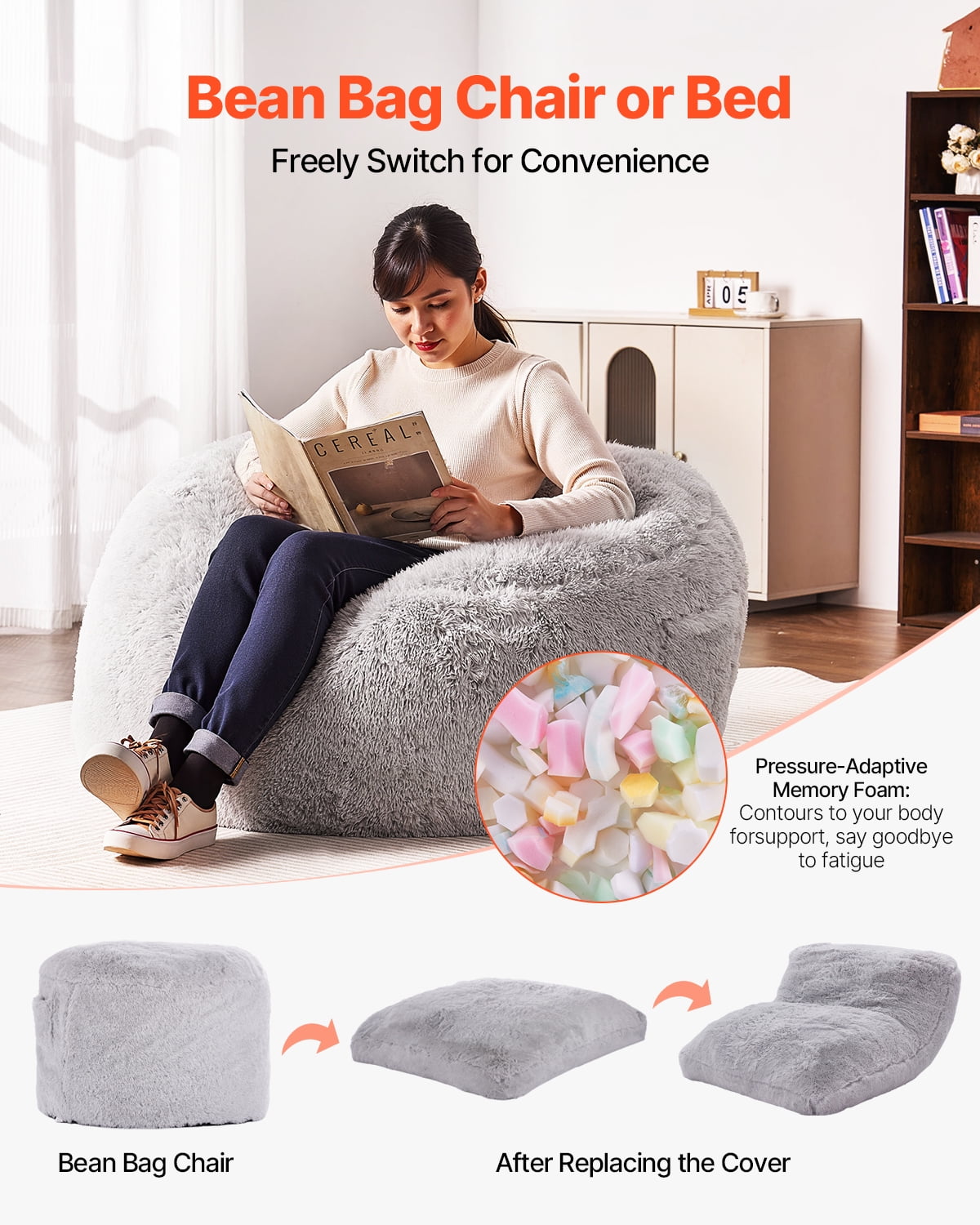 VEVOR Bean Bag Bed Chair, Convertible Chair from BeanBag to Lounge or Mattress, Gaint Bean Bag Chair Bed with Washable Cover for Adults, Fluffy Plush, Foam Filling and Side Pocket, Grey(Full Size)