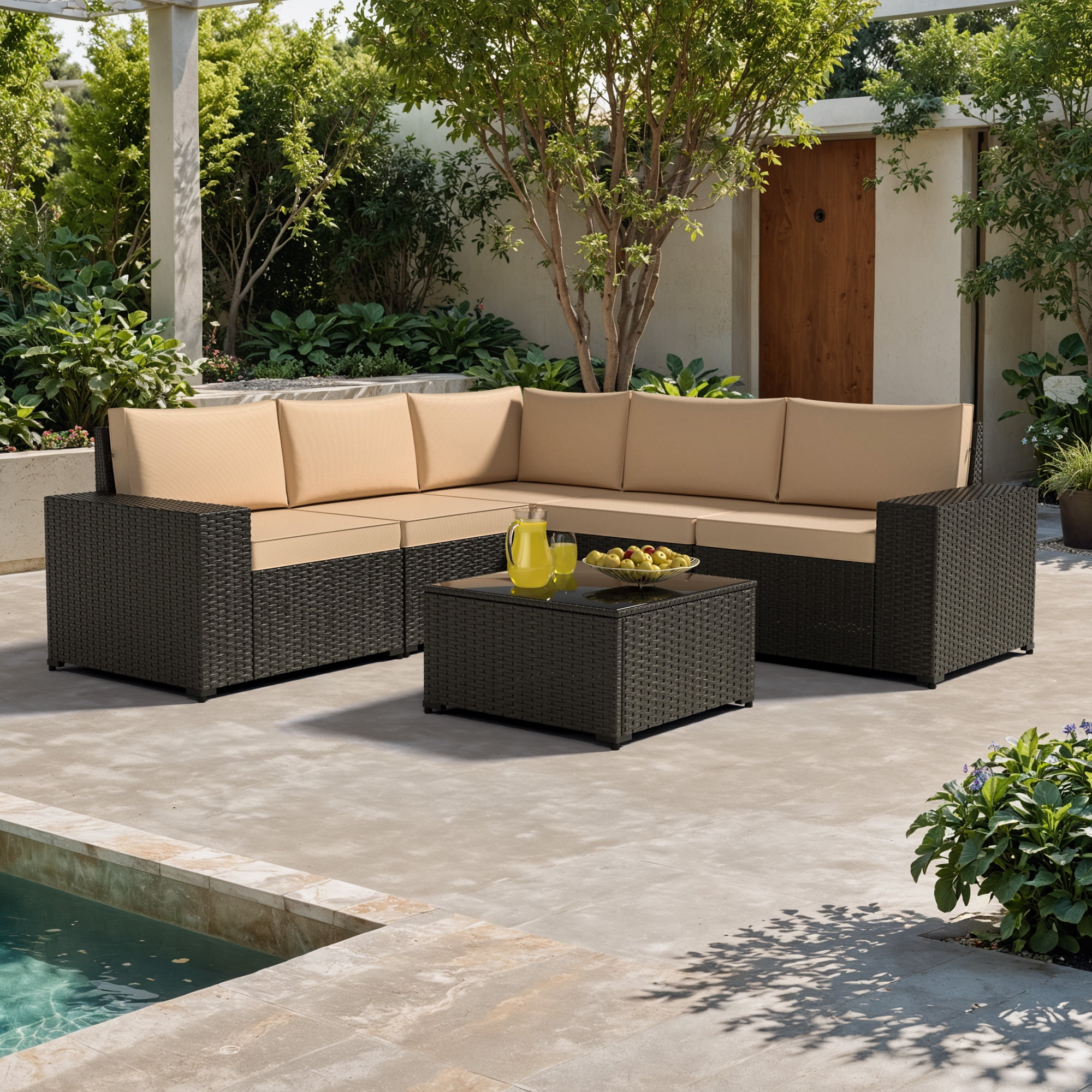 GOJOOASIS 6 Pieces Patio Furniture Set Outdoor Wicker Sectional Sofa With Cushion And Glass Table for Porch