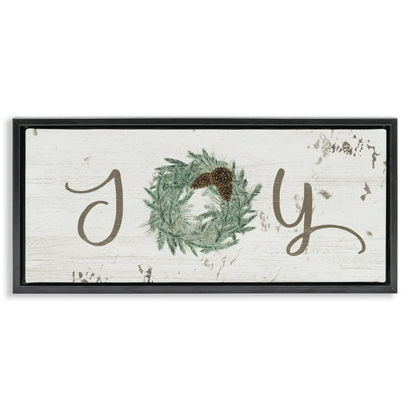 Stupell Industries Country Inspired Joy Wreath Holiday Painting Black Floater Framed Canvas Art Print Wall Art, 25 x 11