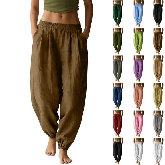 Jogger Pants for Women Solid Color Pleated Elastic Waist Cotton Linen Jogger Pants with Pockets Skin Friendly Soft Joggers for Loungewear