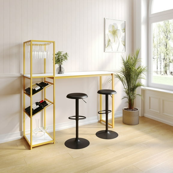 BizChair Metal Bar and Wine Table with 2 Slanted Shelves for Bottle Storage and Hanging Glass Storage, Gold Frame with Marble Melamine Table Top