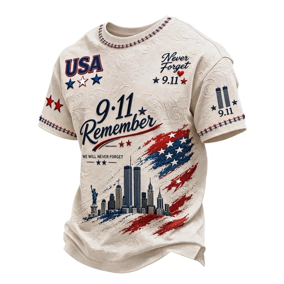 EANJE Men's 9/11 Shirt Never Forget 911 T-Shirt 25th Anniversary Patriotic Short Sleeve Crew Neck Vintage Twin Towers Tribute Memorial Graphic Top Light Gray M