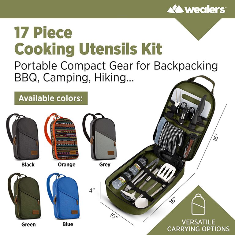 Wealers Portable BBQ Camp Kitchen Cooking Utensil Organizer Travel Set, Green