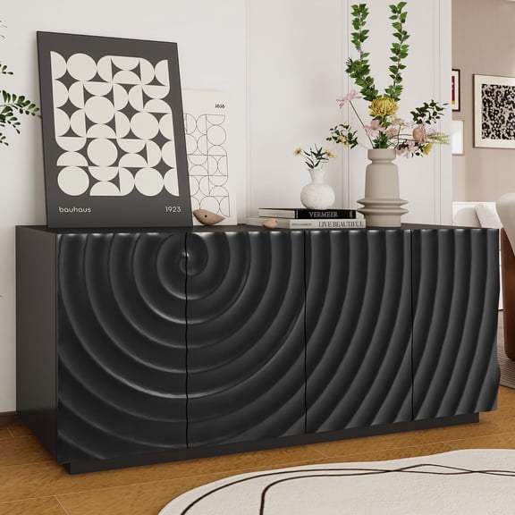 MDQMD 59'' Black Sideboard Buffets with Storage for Living Room,Modern Buffet Cabinet with Wave Pattern Design for Kitchen