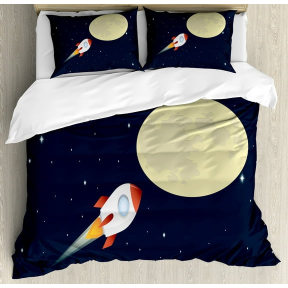 Astronomy Duvet Cover Set, Flying Rocket on Space with Moon, Decorative 3 Piece Bedding Set with 2 Pillow Shams, Queen Size, Dark Night Blue Cream, by Ambesonne